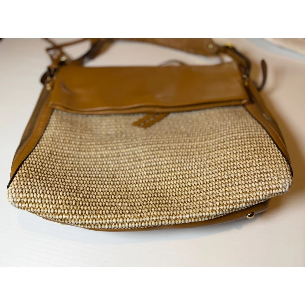 Aimee Kestenberg Bali Double Entry Leather Hobo Bag Raffia Latte Tan Brown OS